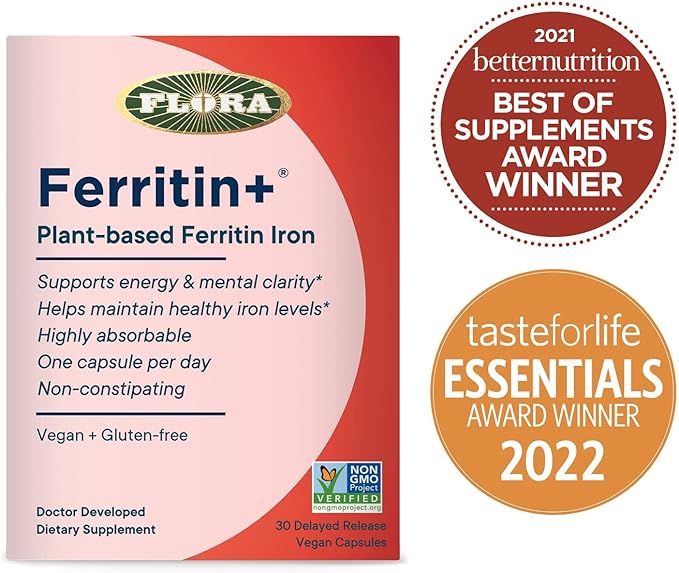 Flora Ferritin+ Delayed-Release Iron Supplement - Plant-Based Iron Supplement - Blood Cell & Energy Support - Vegan & Gluten-Free - 30 Vegan Capsules