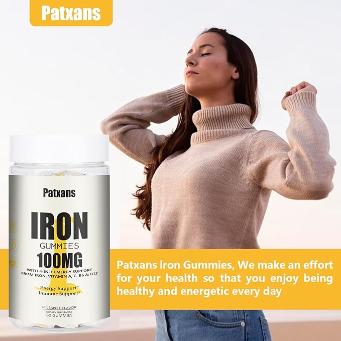 1 Pack 100MG Iron Supplement Gummies for Women & Men - with Vitamin A, C, B - Energy Support for Iron Deficiency, Anemia, Adults ＆ Children, Pineapple Flavor Gummy, 60ct