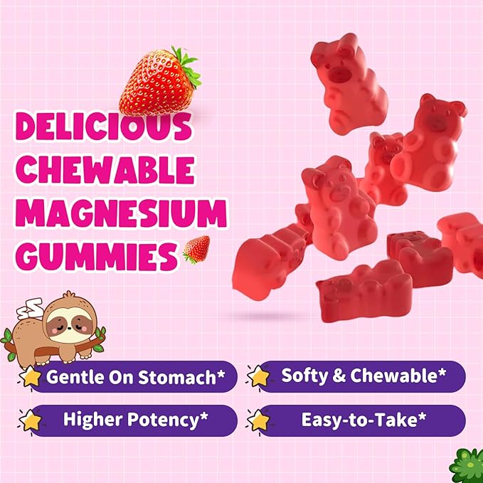 Magnesium Gummies for Kids - Magnesium Glycinate Gummies with Vitamin D3, B6, Potassium & Ashwagandha, Magnesium for Kids & Adults Relaxation, Sleep, Brain & Bone Health -Vegan Strawberry 60ct