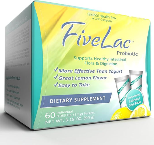 GHT - FiveLac Lemon Probiotic Powder Drink Mix, Probiotics for Women, Men, Kids - Smooth Digestive Support & Elimination – Relieve Constipation & Gas - 60 Packets, 3.18 Oz, Non-GMO