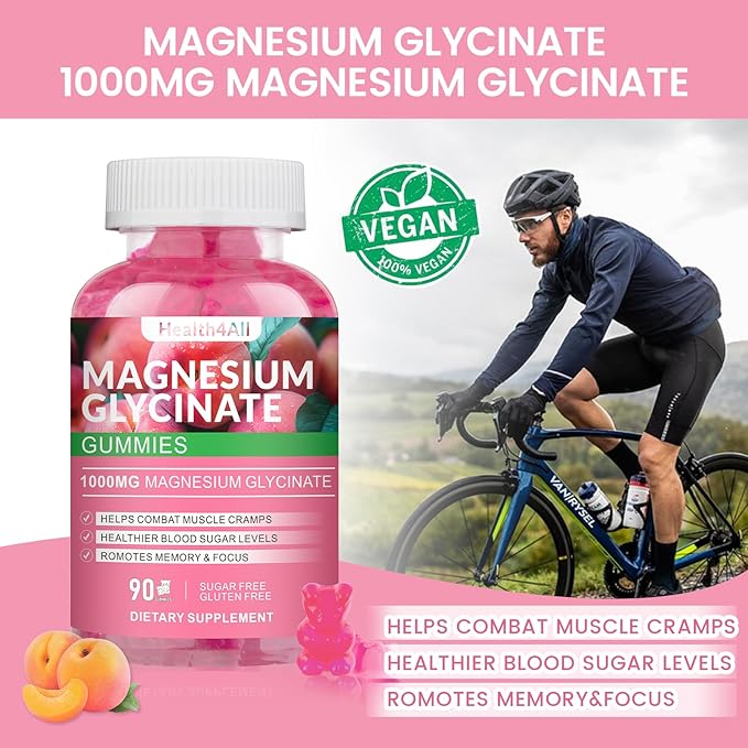 Magnesium Glycinate Gummies 1000mg, High Absorption Sugar Free Magnesium Potassium Supplement for Relaxation, Stress Relief, and Sleep Support for Adults & Kids - 90 Peach Gummies