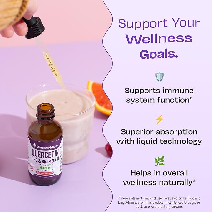 Quercetin with Bromelain & Zinc Liquid Drops - Immune Support for Adults & Kids | Ultra-Concentrated Bioflavonoids | Immune Defense | Cellular Health | Vegan | Non-GMO | Gluten Free | 2 Fl Oz