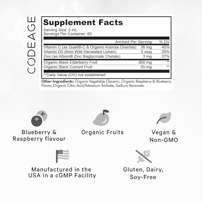 Codeage Elderberry Vitamins Pro - Organic Black Elderberry Liquid Drops - Vitamin C, D3, Zinc, Black Currant - 2-Month Supply - Black Sambucus Liquid - Supplement for Adults & Kids - 4 fl oz