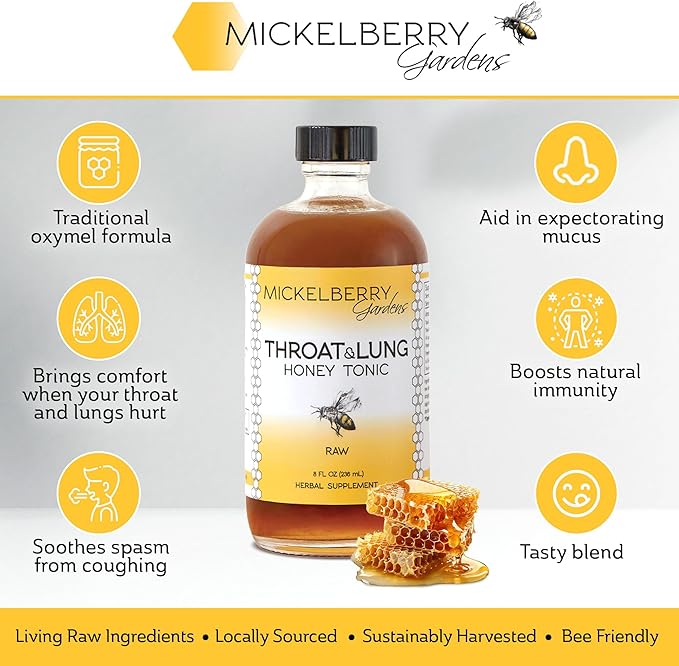 Mickelberry Gardens Throat & Lung Honey Tonic: Wellness Syrup, Natural Sore Throat Relief, Immune Support & Cough Suppressant for Adults & Kids (8 oz)