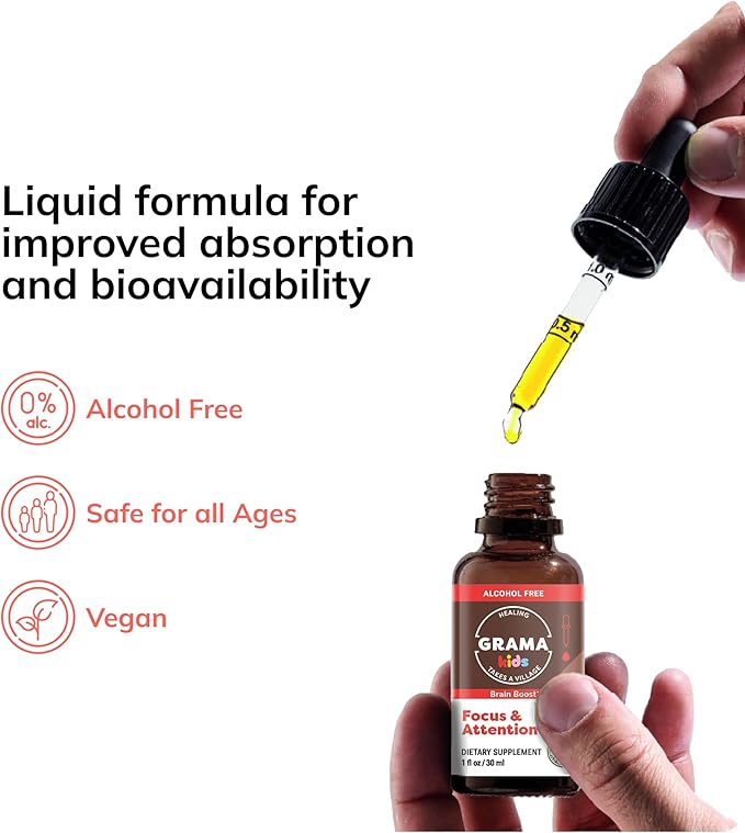 Grama Wellness - Focus & Attention Organic Kids Brain Vitamins & Cognitive Support Drops, ADHD Supplement with Ginkgo Biloba, Rhodiola, Gotu Kola, Licorice Root | Made in USA – 30 Servings