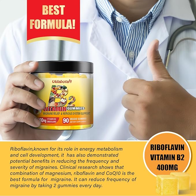 Vitamin B2 Gummies- Riboflavin 400mg with Magnesium & CoQ10 for Kids & Adults, Migraine Relief & Headache Relief - Pineapple Flavor, 90 Chewable Gummies