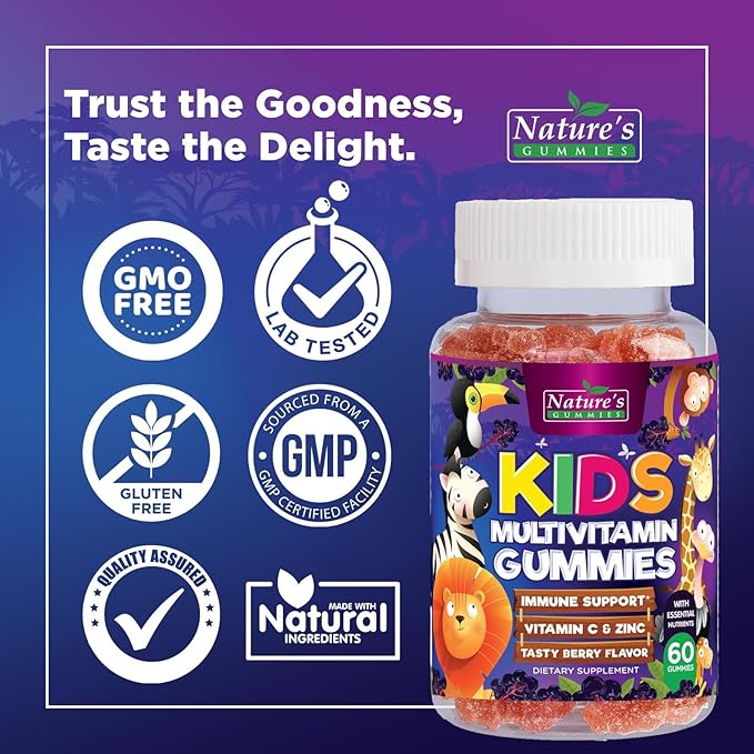 Kids Multivitamin Gummies - Daily Vitamins for Kids, Vitamin C, D3 & Zinc for Immune Support, Strawberry Flavored Gummies, Nature's Toddler & Kid Multi Vitamins, Non-GMO, Gluten Free - 60 Gummies