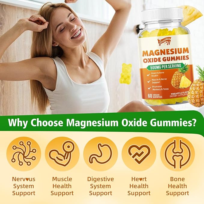 Magnesium Oxide 500mg Gummies for Adults & Kids, Supports Nerve Muscle & Bone Health, Vegan Non-GMO Dietary Supplement with Pineapple Flavor, 60 Gummies