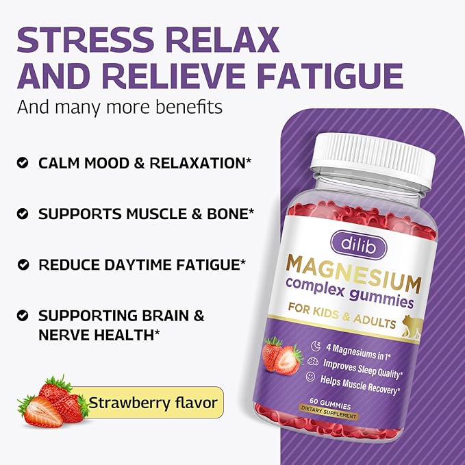 Magnesium Complex Gummies for Kids & Adults- Calm Chewable Gummies- Magnesium Glycinate, Taurate, Citrate, Malate, Supplement-Support Calm Stress Relief, Mood Vegan, Strawberry Flavor, 60 Gummies