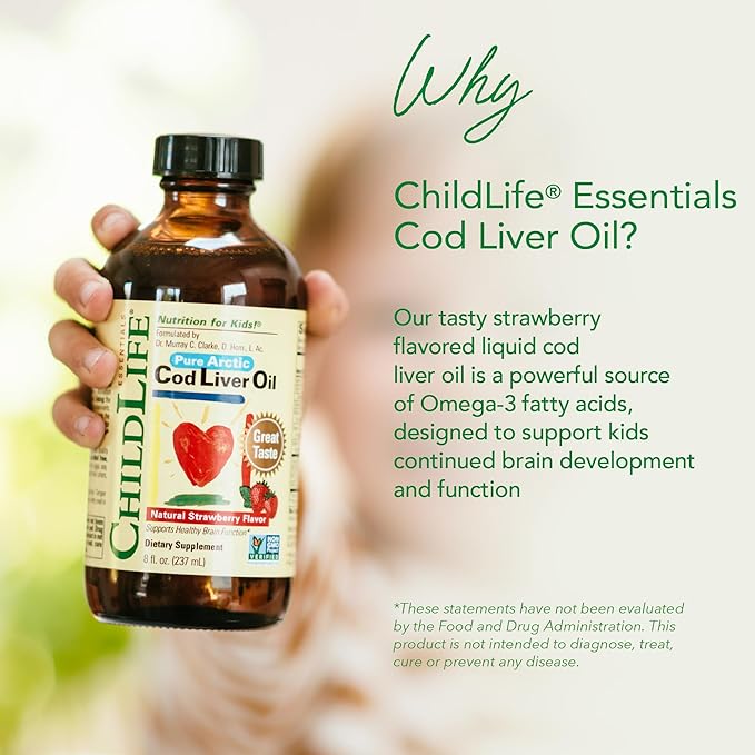 CHILDLIFE Essentials Cod Liver Oil for Kids - Kids Cod Liver Oil Liquid, Arctic Cod Liver Oil for Babies 6+ Months, Toddlers, & Kids, Added DHA, EPA, Omega-3 Fatty Acids - Strawberry, 8 fl oz