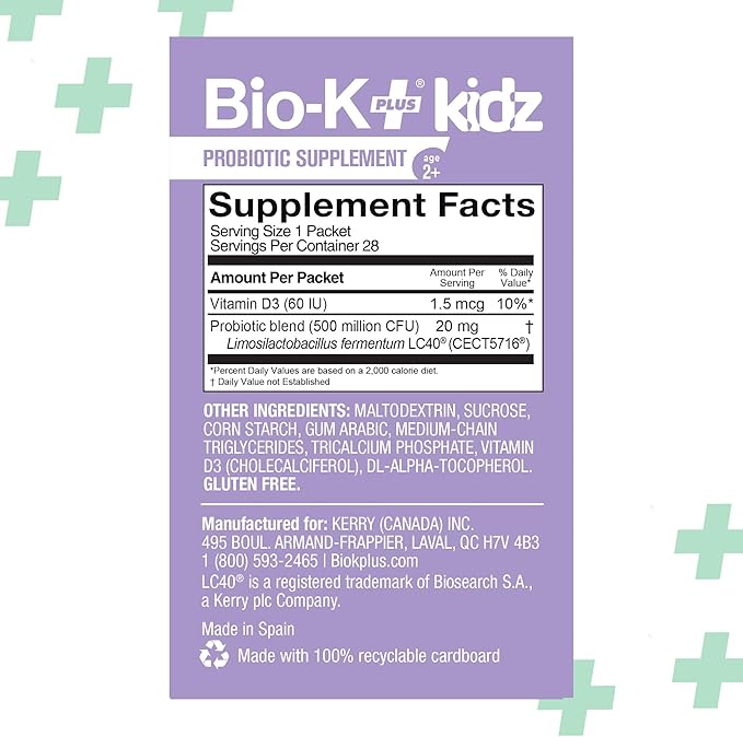 Bio K+ Daily Probiotic for Kids, Probiotic Powder with Limosilactobacillus fermentum LC40® and Vitamin D3, Shelf-Stable, Non GMO, Gluten Free - 28 Single-Serve Packets