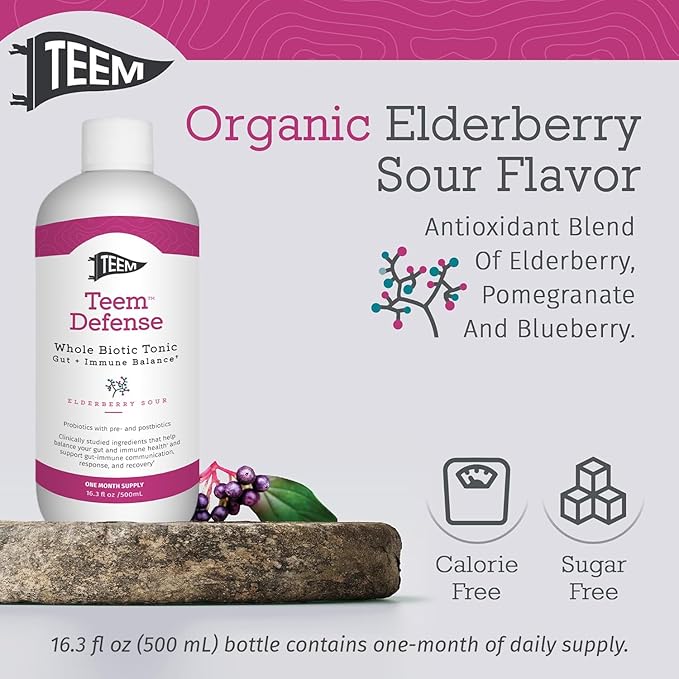 Teem Defense Liquid Probiotic with Elderberry, Whole Biotic Tonic for Digestion & Immunity, Prebiotic Probiotic & Postbiotic Supplement for Kids and Adults, 30 Day Supply – 16.3 Fl.Oz