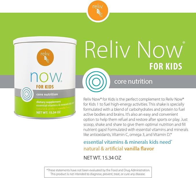 RELIV Now for Kids Vanilla - Nutritional Shake with Essential Vitamins, Minerals, Carbohydrates & Protein for Lasting Energy, 15 Servings