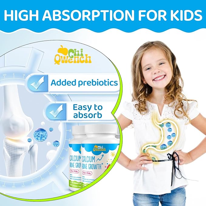 500 MG Calcium Supplement with Vitamin D3 & K2, Zinc, Magnesium & Prebiotics. Kids Vitamins for Kids' Height. Bone Strength, High Absorption, Orange Chewables, Gluten Free, 60 Tabs