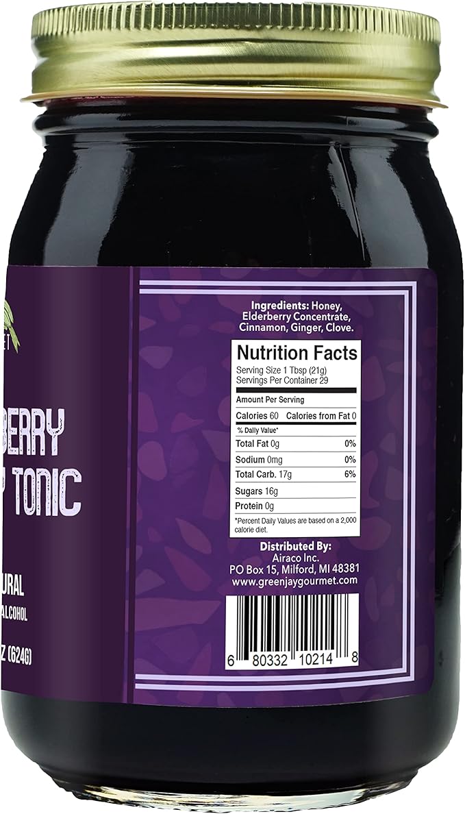 Green Jay Gourmet Elderberry Tonic – All Natural Elderberry Syrup – Elderberry Immune Support for Kids & Adults – Powerful Elderberry & Honey Blend – Sambucus Elderberry Syrup – 22 Ounces