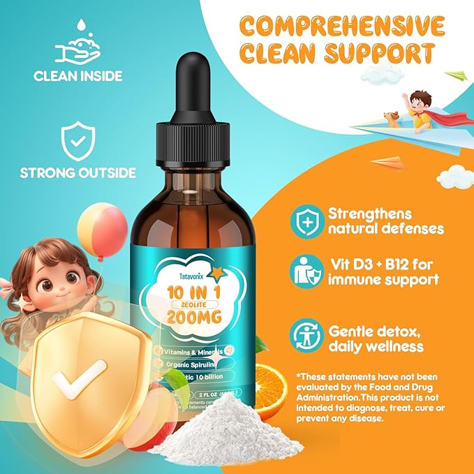Zeolite Drops for Kids & Adult, 200mg Liquid Clinoptilolite with Vitamins B12 & D, 10 Billion CFU & Prebiotics, Supports Gut Health, Immune System & Energy, Strawberry Flavor, 60ML