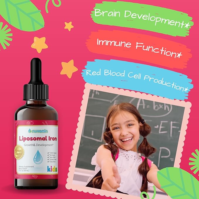 Nuvamin – Liquid Liposomal Iron Drops for Baby, Toddlers, Kids, & Adults, 2Fl.Oz (60ml), 120 Daily Serving. Great Taste - All Natural - Vegan - No Metallic Aftertaste, Berry Flavor