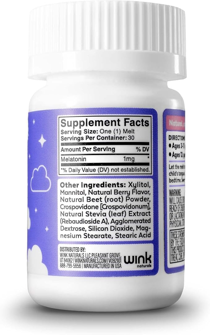 Wink Well Kids Melatonin Chewable Melts- Baby Sleep Aid Chews with Melatonin 1mg- Quick Deep Toddler Sleep Aid, Drug-Free-Fast, Non-Habit-Forming Kids Melatonin Dissolve Tablets- 30 Melts