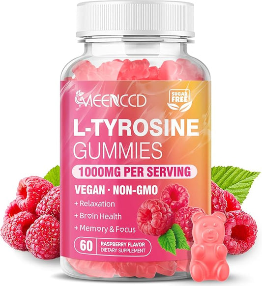 L-Tyrosine Gummies, 1000mg L-Tyrosine Supplement for Kids & Adults, Focus Gummies, Energy & Memory Support, Non-GMO, Sugar-Free, Raspberry Flavor, 60 Count