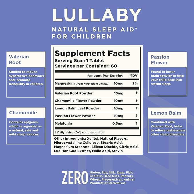 Lullaby | Gentle Kids Natural Sleep Aid | Pediatrician Recommended | Delicious Low Dose Melatonin & Non-Habit Forming Mixed Berry Chewable Tablets | with Chamomile, Magnesium for Kids 3+