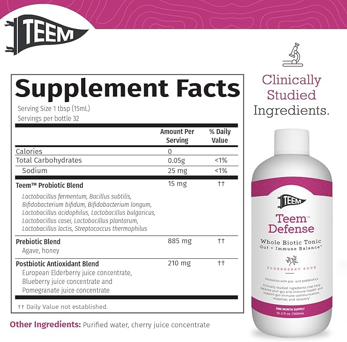 Teem Defense Liquid Probiotic with Elderberry, Whole Biotic Tonic for Digestion & Immunity, Prebiotic Probiotic & Postbiotic Supplement for Kids and Adults, 30 Day Supply – 16.3 Fl.Oz
