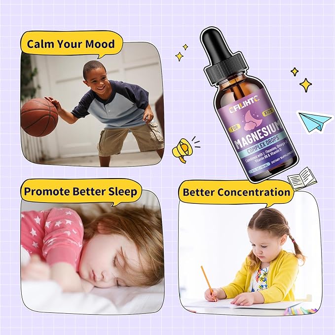 Kids Magnesium Liquid Drops-Magnesium Glycinate Liquid for Kids, L-Threonate Supplement-w/L-theanine, Omega-3, Vitamin B6, D3 - for Sleep, Relaxation, Brain, Bones - 2 Fl Oz Children's Magnesium Calm