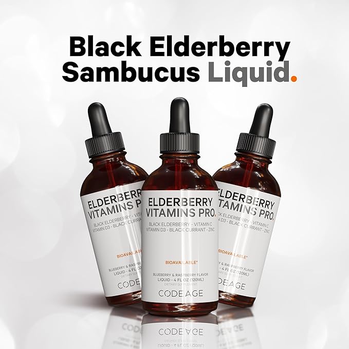 Codeage Elderberry Vitamins Pro - Organic Black Elderberry Liquid Drops - Vitamin C, D3, Zinc, Black Currant - 2-Month Supply - Black Sambucus Liquid - Supplement for Adults & Kids - 4 fl oz