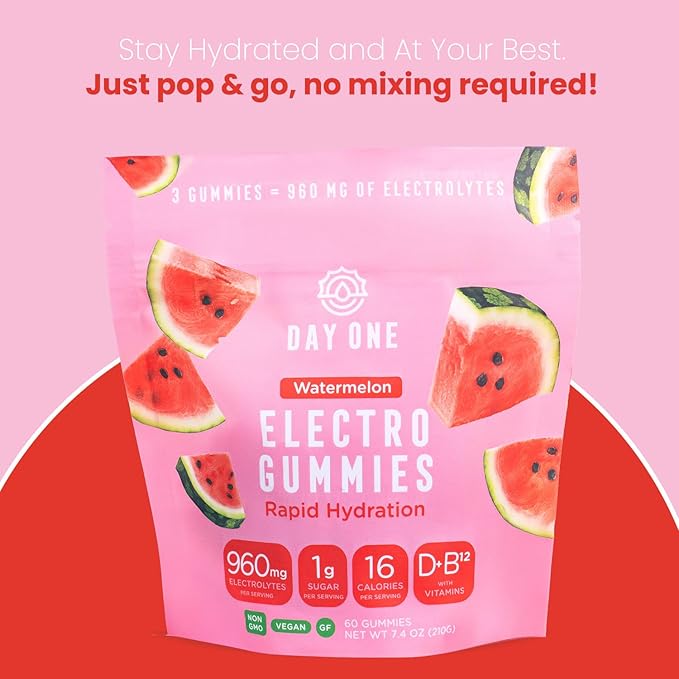 Day One ElectroGummies – Electrolyte Hydration Gummies – Ideal to Boost Hydration & Energy – Supplement for Post & Pre Workout – for Men, Women, Kids – Extra Sour Watermelon Flavored – 60 Gummies