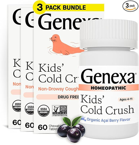 Genexa Kids' Cold Crush | Multi-Symptom Cough & Cold Relief for Children | Delicious Organic Acai Berry Flavor | Certified Organic & Non-GMO | Homeopathic Remedy Made Clean | 180 Chewable Tablets