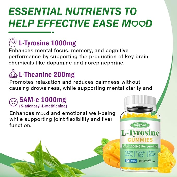 L-Tyrosine Gummies for Adults and Kids - 1000mg L-Tyrosine Supplement Focus Gummies for Brain, Mood, Energy Support, Vegan & Gluten-Free, Mango Flavor, 60 Count