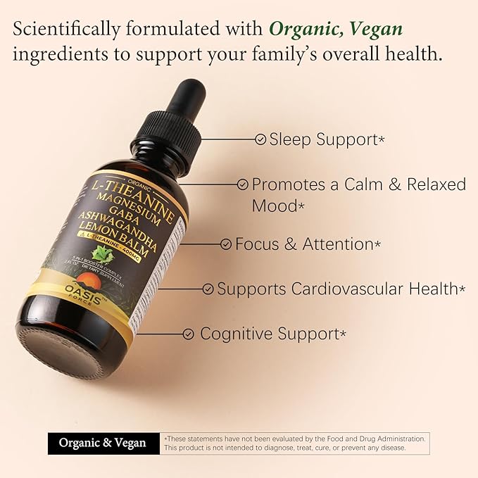 Oasisforce L Theanine 400mg Liquid Drops, L-Theanine Supplement for Adults & Kids with GABA, Magnesium & Ashwagandha, Natural Sleep, Focus & Relaxation Support, Vegan, Alcohol-Free, Non-GMO, 2 FL OZ