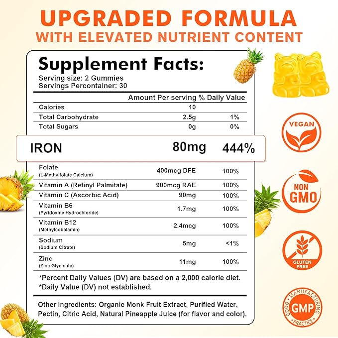 Iron Gummies for Women & Men - Vegan Iron Supplement for Anemia & Iron Deficiency, with Vitamin B12, Vitamin C, Zinc, Folate - Energy Boost, Sugar-Free, Pineapple Flavor, 60 Count