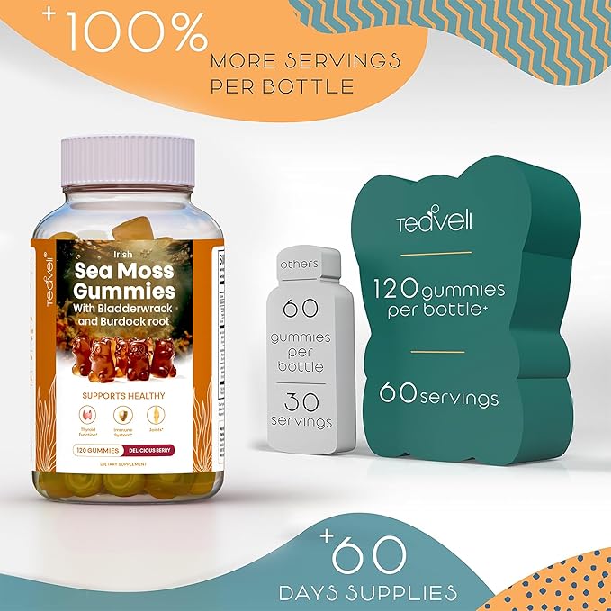 Irish Sea Moss Gummies– 120 Delicious Berry Vegan Seamoss Gummies with Burdock Root, Seamoss & Bladderwrack – Gummy Vitamins to Support a Healthy Thyroid, Gut & Immune – for Adults & Kids