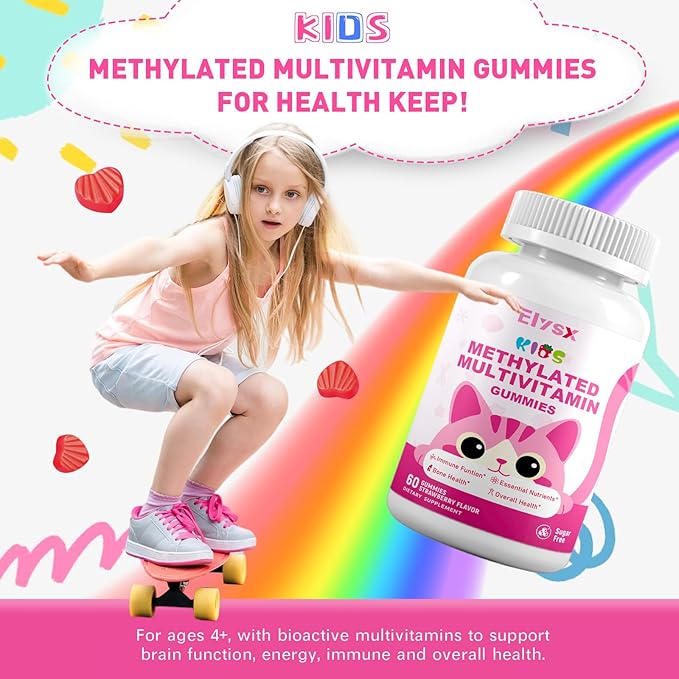 Methylated Multivitamin Chewable for Kids Gummies, MTHFR Supplement with L Methylfolate, Magnesium, Biotin, Choline, Inositol, DHA, TMG & CoQ 10, Immune & Brain Support, Strawberry Flavor, 60 Ct