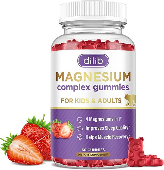 Magnesium Complex Gummies for Kids & Adults- Calm Chewable Gummies- Magnesium Glycinate, Taurate, Citrate, Malate, Supplement-Support Calm Stress Relief, Mood Vegan, Strawberry Flavor, 60 Gummies