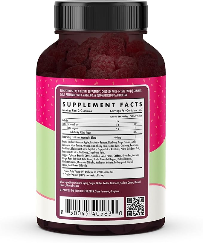 The Wellness Company Kids' Fruit & Veggie Gummy Supplement | 60 Gummies - 1 Month Supply | Delivers Complete Daily Dose of Recommended Fruits and Veggies | Vegan, Non-GMO, Gluten-Free