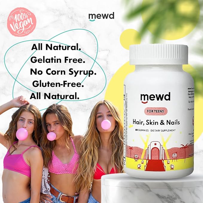 MEWD Teen and Kids Hair, Skin+Nails Daily Multivitamin Gummy Strengthener Formula - Chewable Vitamin Supplements with Biotin,Zinc,Vitamins A, B, & D3 for Girls & Boys, 60, Made in USA