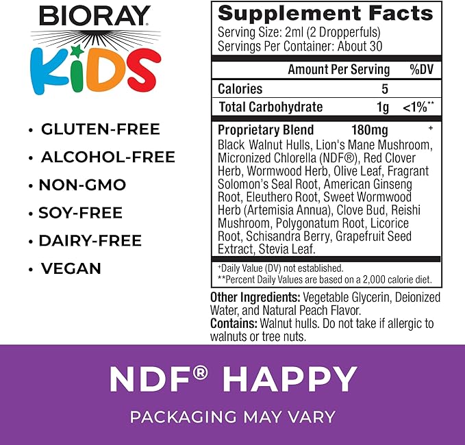 BIORAY Kids NDF Happy, Peach - 2 fl oz - Removes Unwanted Organisms That Can Trigger Irritability - 1-2 Month Supply