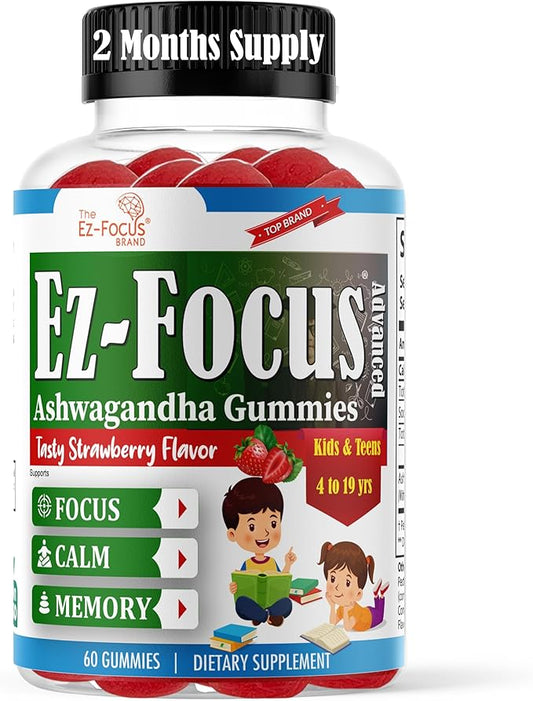 Advance Ashwagandha Root Gummies for Kids & Teens, Brain Supplements for Memory and Focus for Kids, Support Calm Mood, Anti Stress, Relaxation, Sleep, Energy, Low Sugar, 60 Gummy Vitamins