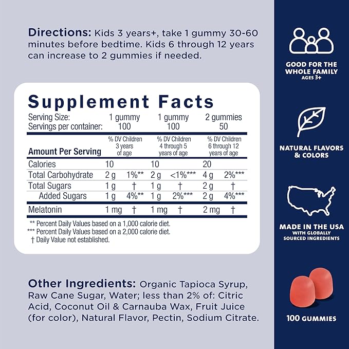 Mommy's Bliss Kids Sleep Melatonin Gummies, No Artificial Colors, Flavors or Gelatin, Strawberry Flavor, Age 3+, 100 Gummies (Packaging May Vary)