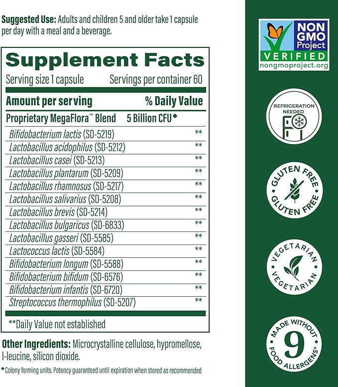 MegaFood MegaFlora Probiotics for Kids - Probiotics for Digestive Health - 5 Billion CFUs - Non-GMO, Vegetarian, Made Without 9 Food Allergens - 60 Mini Capsules (60 Servings)