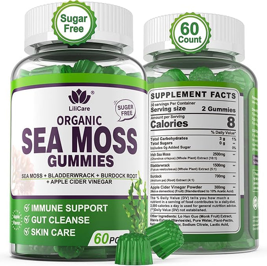 Sea Moss Gummies - Irish Sea Moss Gummies for Adults & Kids - Advanced Superfood Seamoss Supplement with Organic Bladderwrack & Burdock Root Extract，ACV for Daily Immune, Gut Cleanse, Vegan, 60 Counts