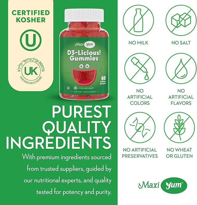 Maxi Health Kosher Vitamin D Gummies 1000 IU (25 mcg) - Vegan, Gluten-Free - Supports Bone, Teeth, Immune Health - for Adults & Kids - Promotes Calcium Absorption - Kosher Gummies for Women & Men
