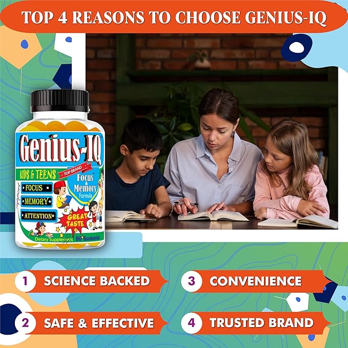 Genius IQ Kids Brain Supplements for Memory and Focus Omega 3-6-9, EPA DHA Gummy Vitamins, Brain Booster Calm Gummies,Supports Concentration, Clarity, Attention and Mood 60 Gummies