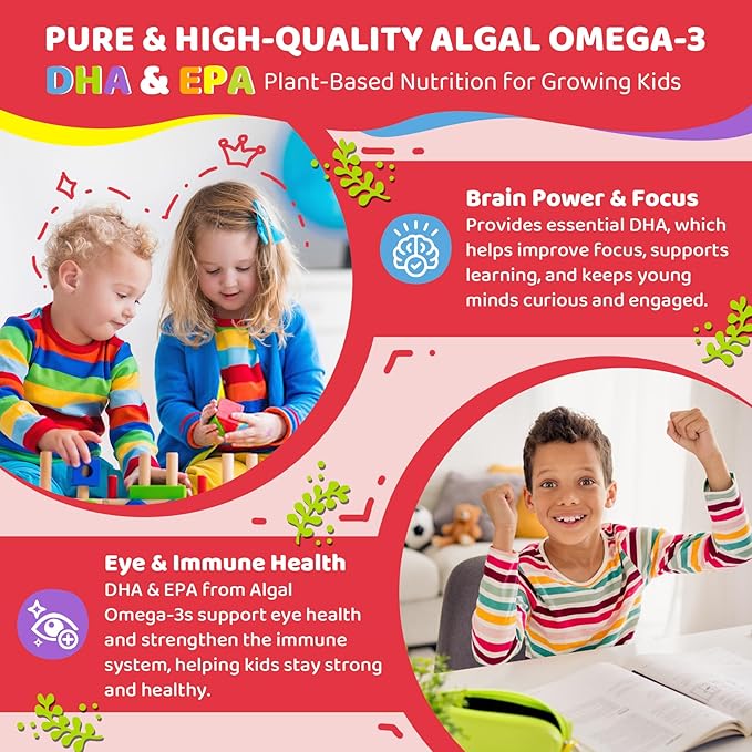 Kids Vitamin D3 K2 Filled Gummies 1000IU/2000IU D3 + K2(MK-7) with Calcium, Magnesium & Algal Omega 3(EPA/DHA) for Bones, Teeth, Muscles, Brain, Kids 4+ Vitamins (Low Dose Perfect For Adults), 60 Cts