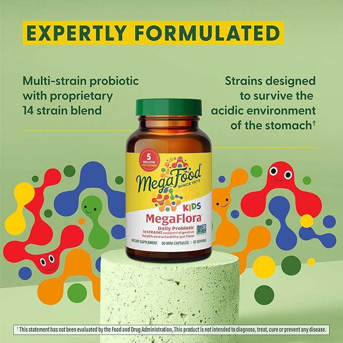 MegaFood MegaFlora Probiotics for Kids - Probiotics for Digestive Health - 5 Billion CFUs - Non-GMO, Vegetarian, Made Without 9 Food Allergens - 60 Mini Capsules (60 Servings)