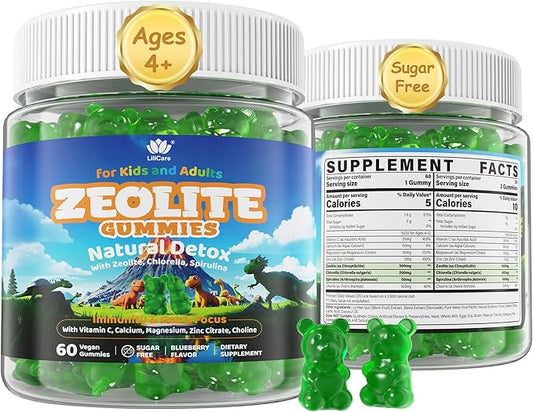 Zeolite Detox for Kids & Adults, Zeolite Gummies w/ Chlorella, Spirulina, Minerals, Choline, Natural Detox Cleanse for Immune, Focus, Energy, Gut Health, Sugar Free, Ages 4+, Gluten Free, 60cts