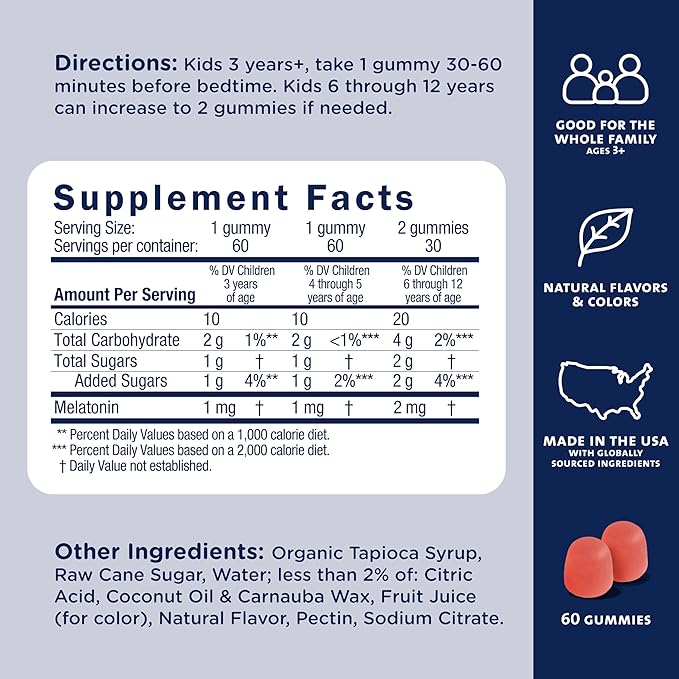 Mommy's Bliss Kids Sleep Gummies with Melatonin, Support Your Natural Sleep Process, Age 3 Years to Adults, Strawberry Flavor, 1G of Sugar, 60 Gummies (Pack of 3)