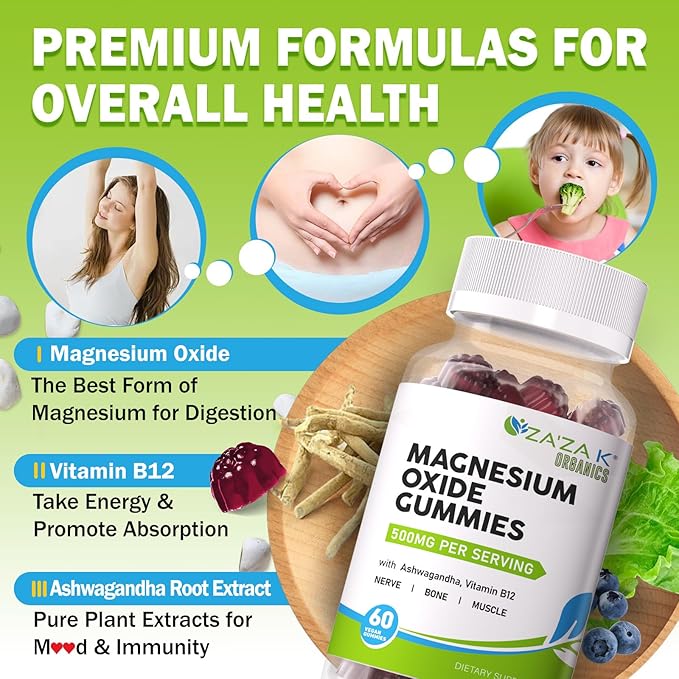 ZA'ZA K ORGANICS Magnesium Oxide Gummies, Magnesium Oxide 500mg with Ashwagandha & Vitamin B12 for Sleep, Nerve, Muscle, Bone & Heart Health, Magnesium Chewable Supplement for Adults Kids, Vegan, 60