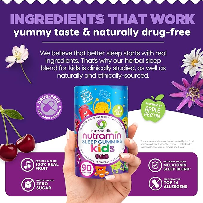 NUTRAMIN Kids Sleep Gummy - Sugar-Free & Vegan - 100% Natural Sleeping Aid with Melatonin Sleep Gummies for Kids - Hypoallergenic, Halal, Kosher, Non GMO - Dark Cherry - 90 Count